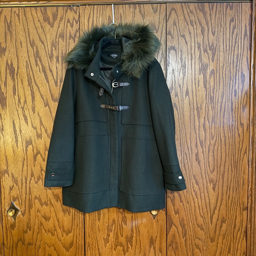 CoffeeShop Wool Blend Toggle Coat Faux Fur Hood Green Size XXL